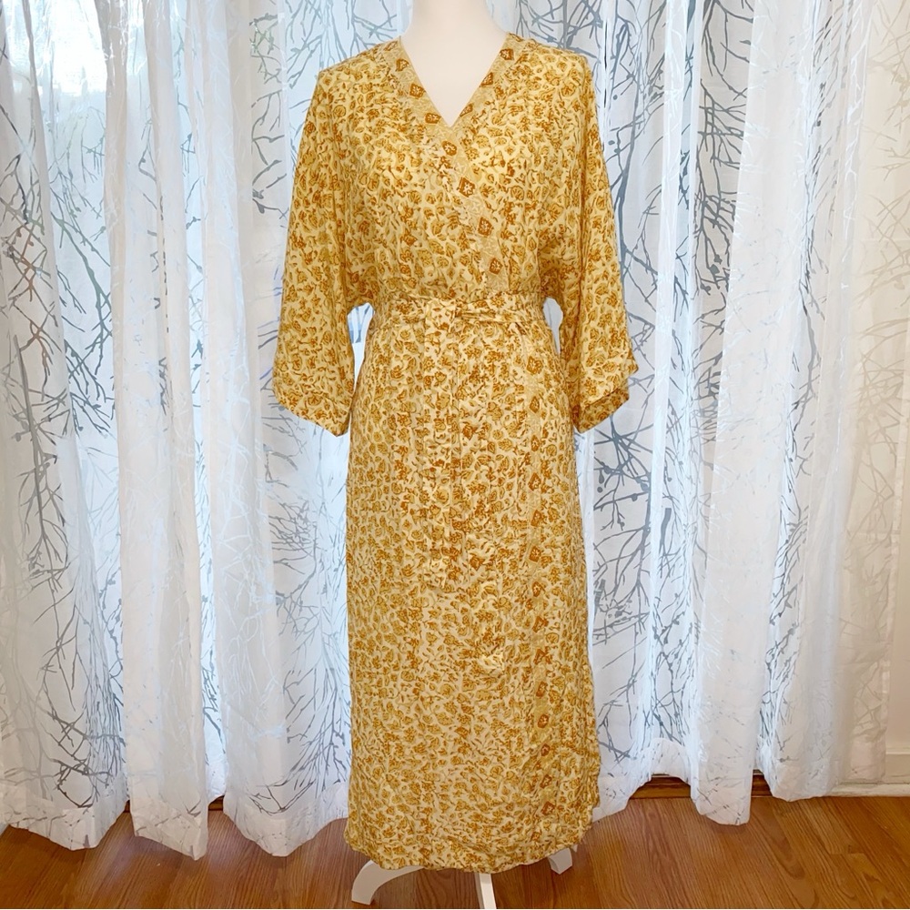 NATALIE MARTIN GOLDEN YELLOW BROWN PRINT LONG KIMONO ROBE DUSTER COVERUP - Picture 1 of 8